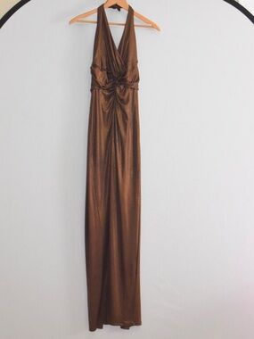 Vintage 2010 Brown Satin Halter Dress Tie Back Neck Bodycon Stretch Slit Back